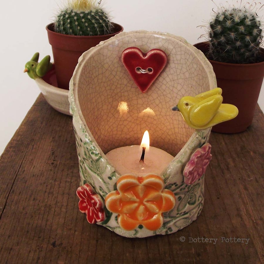 pottery bird woodland scene candle holder ceramic dish trinket pot