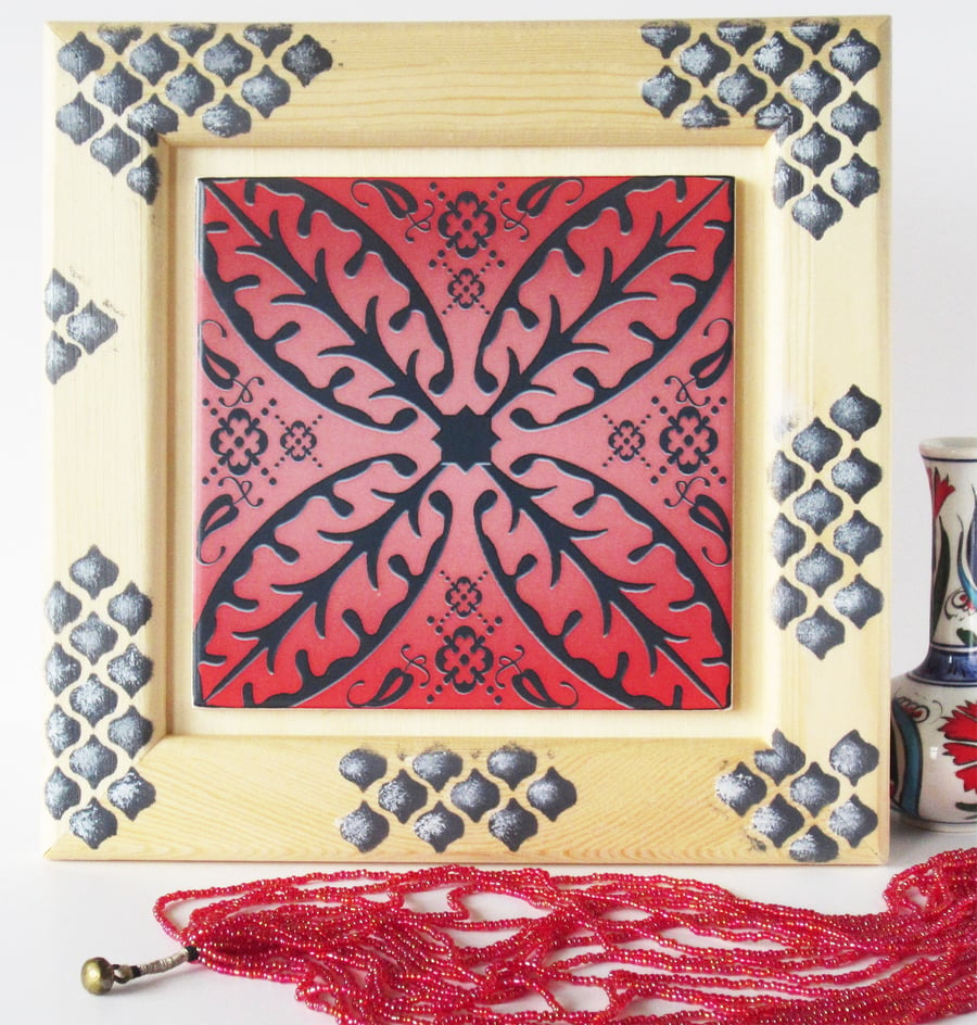 Red Pink and Black North African Inspired Ceramic Tile in Decorated Wooden Frame