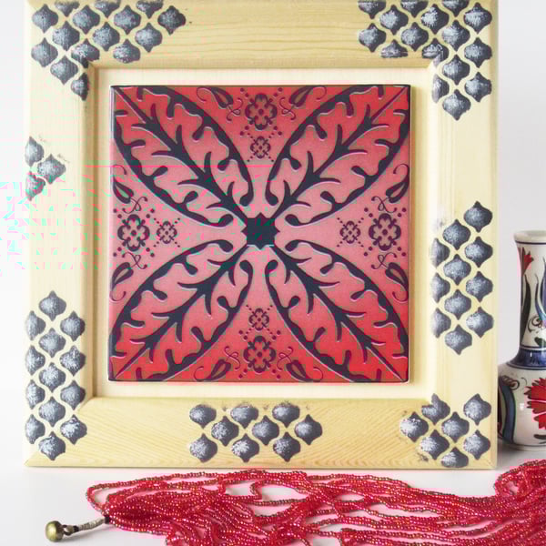 Red Pink and Black North African Inspired Ceramic Tile in Decorated Wooden Frame