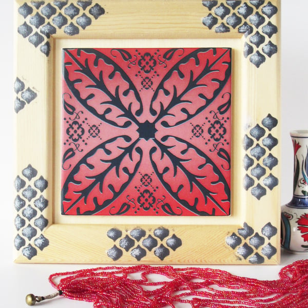 Red Pink and Black North African Inspired Ceramic Tile in Decorated Wooden Frame