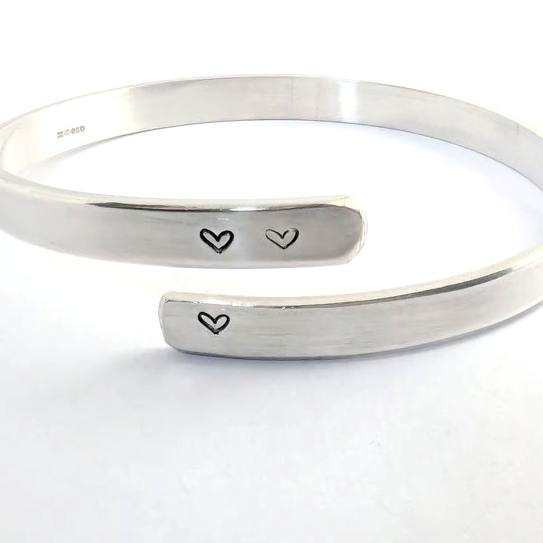 Love and Heart Bangle, Secret LOVE Message,  Recycled Sterling Silver, 