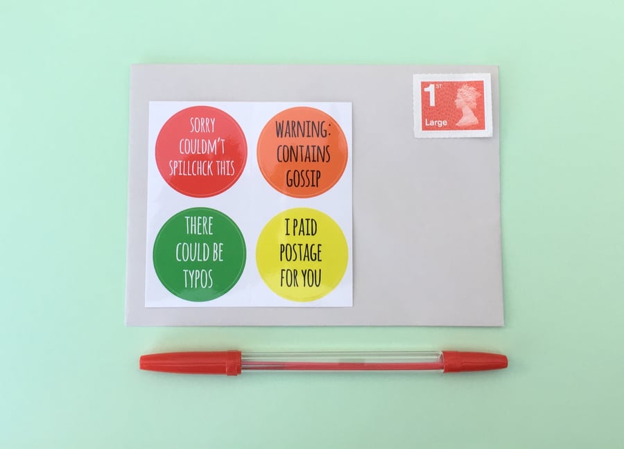 12 Orange, Yellow, Red, Green Funny Stickers, Snail Mail Christmas Card Seals