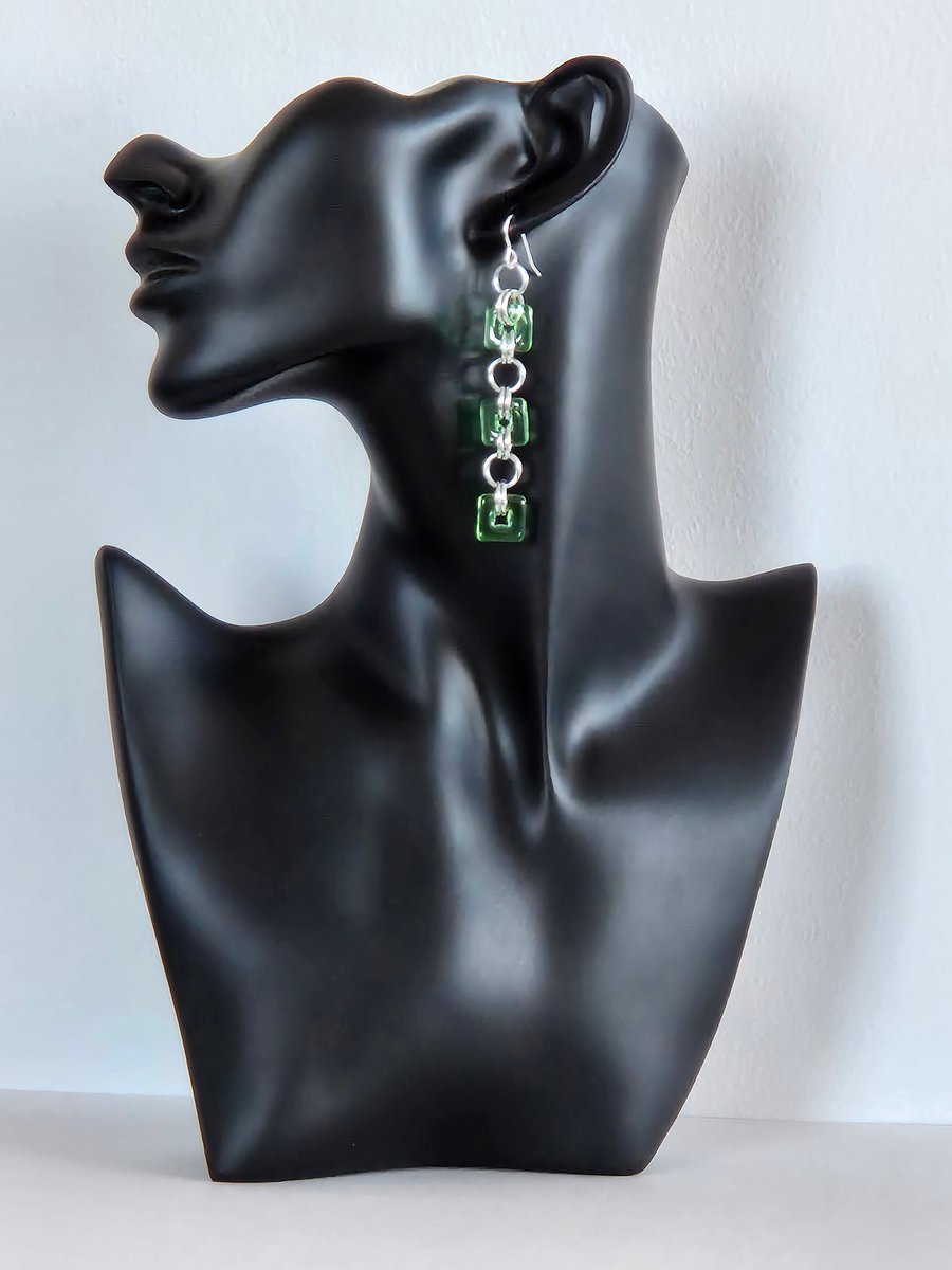 Handcrafted, green dangle earrings