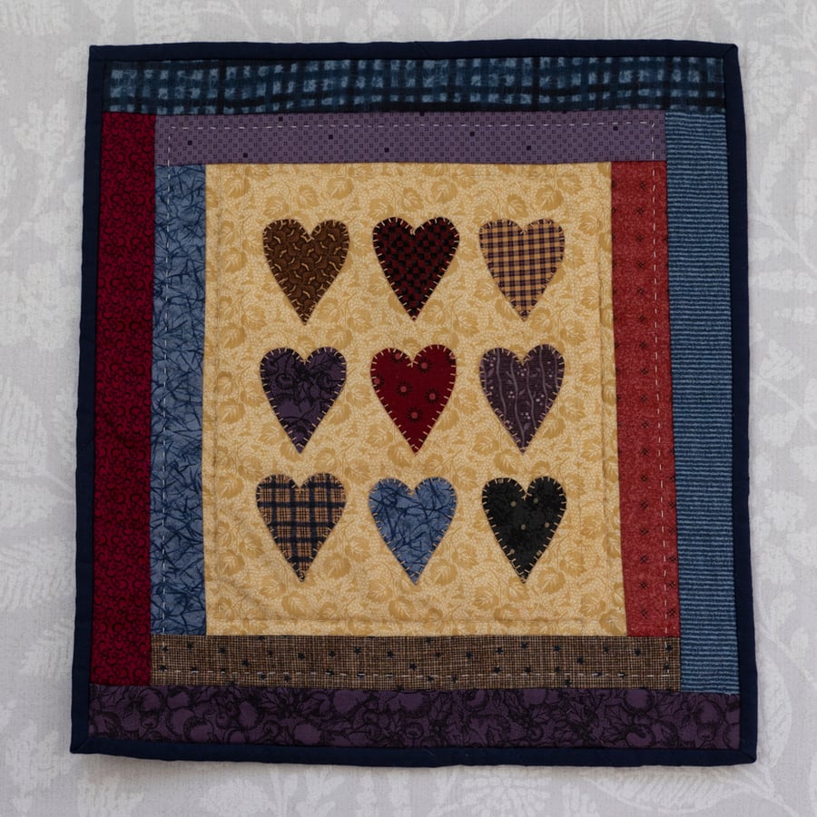 Hand Quilted Nine Heart Country Style Wallhanging 