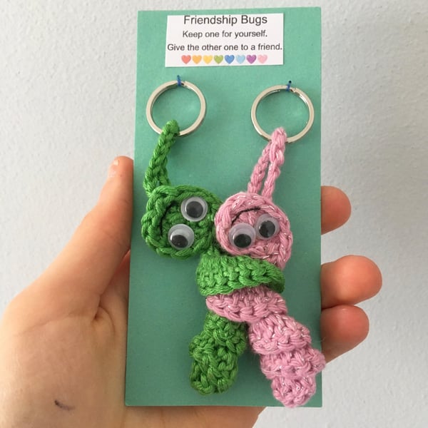 Crochet Friendship Bug Keyring, Green And Sparkly Pink