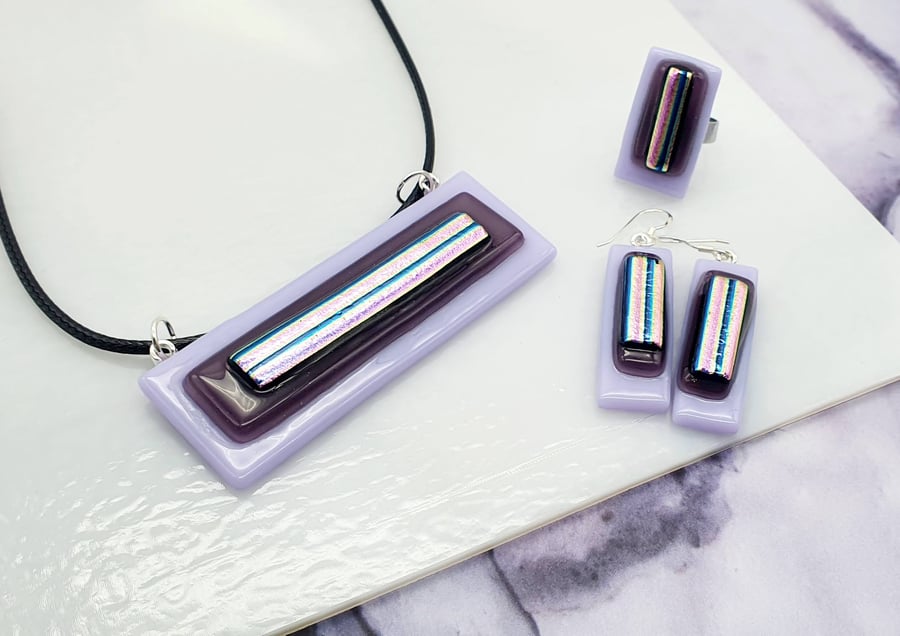 'Colour Me Purple' Fused Glass Necklace, Earrings and Ring Set