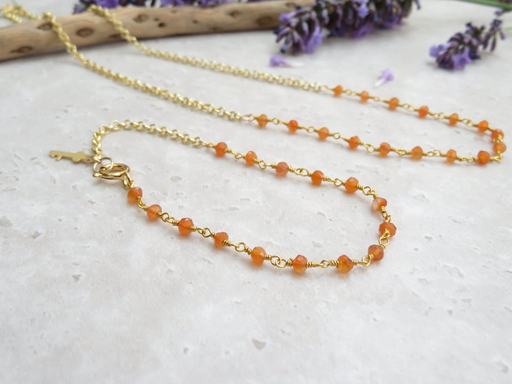 Faceted Carnelian Minimalist Gemstone Gold Necklace and Bracelet