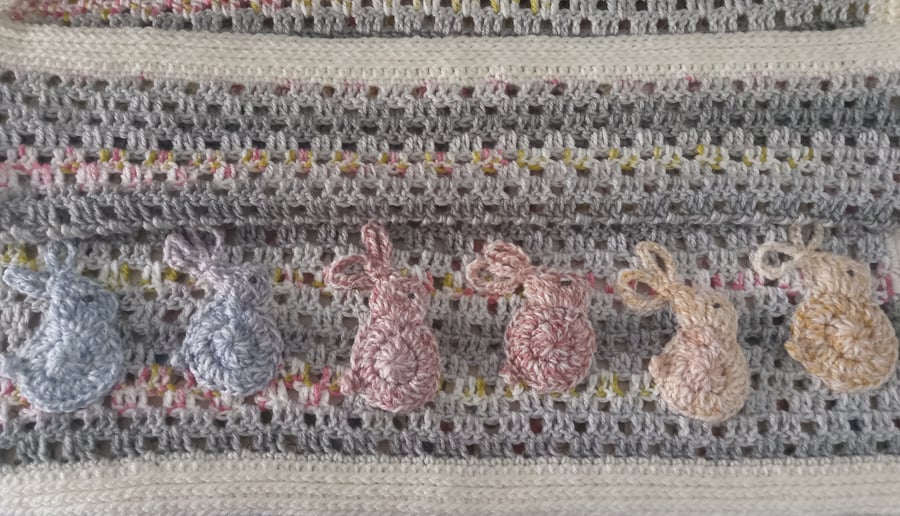 Handmade Crochet Baby Blanket with Bunny Applique - Pastel Pram Blanket 