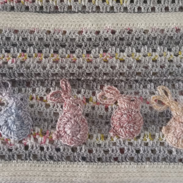 Handmade Crochet Baby Blanket with Bunny Applique - Pastel Pram Blanket 
