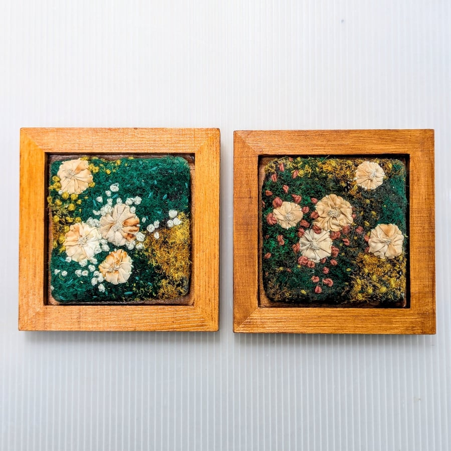 Mossy Textile Art in varnished 5" wooden frame.
