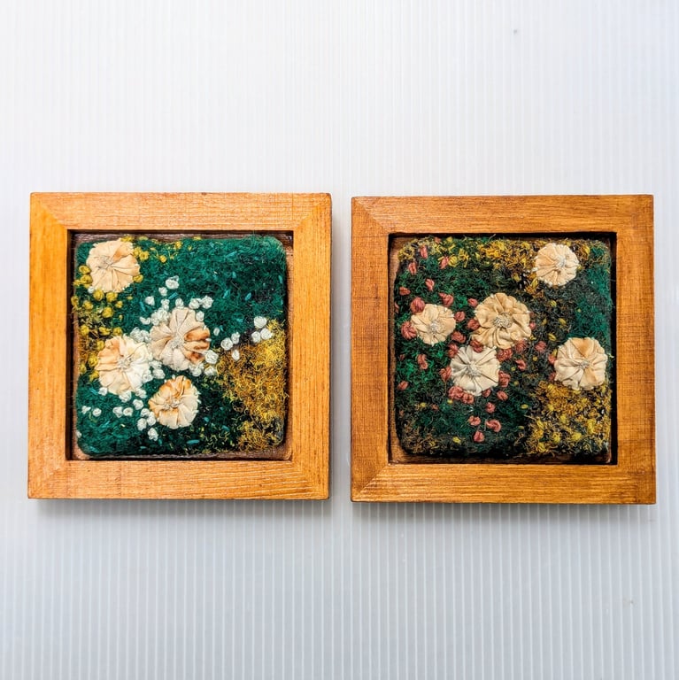 Mossy Textile Art in varnished 5" wooden frame.