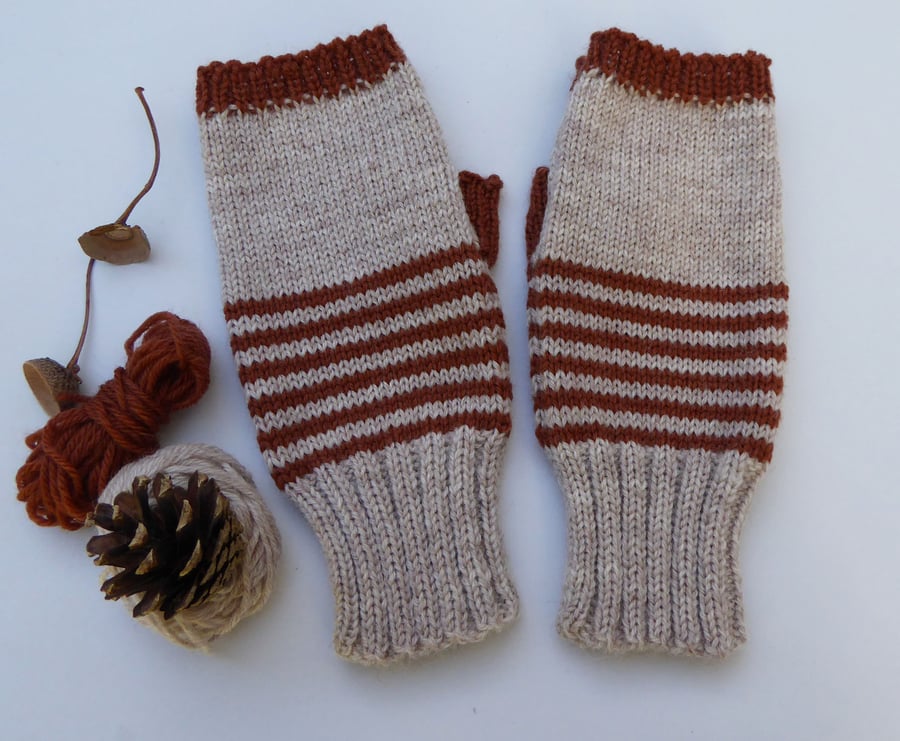 Oatmeal and brown stripe Fingerless Gloves knitted in merino wool