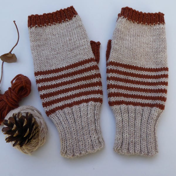 Oatmeal and brown stripe Fingerless Gloves knitted in merino wool