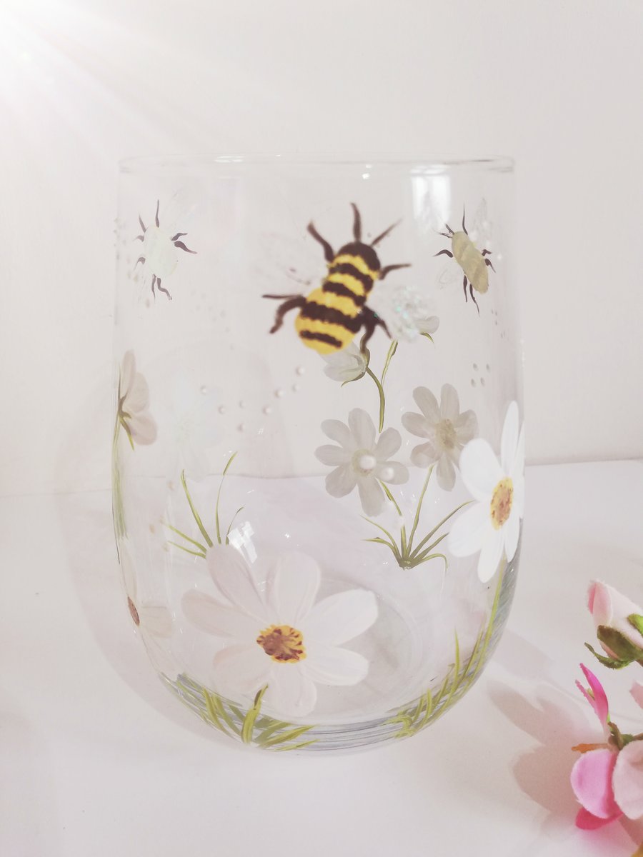 Hand Painted Stemless Glass, Daisy with Bee or Dragonfly, Candle Holder, Vase