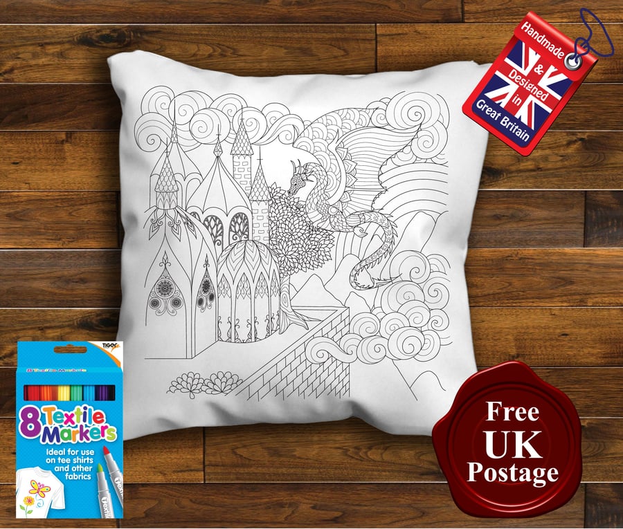 Dragon Colouring Cushion Cover, With or Without Fabric Pens Choose Your Size