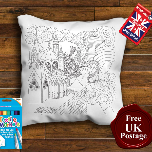 Dragon Colouring Cushion Cover, With or Without Fabric Pens Choose Your Size