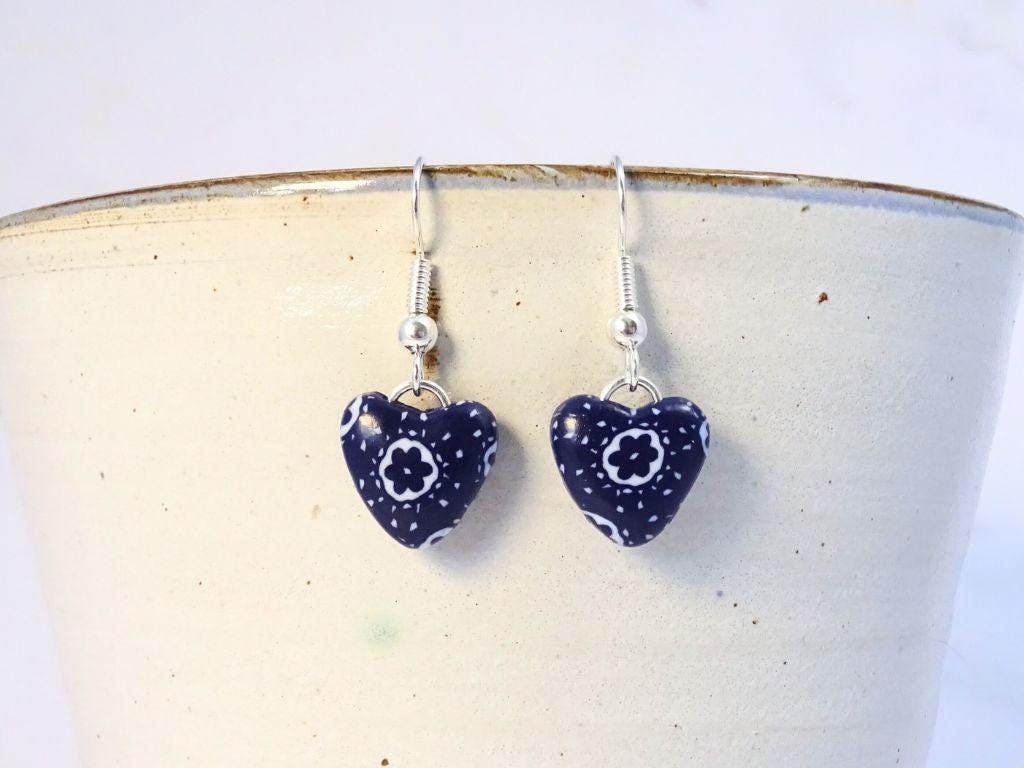 Small Heart Drop Earrings, Dark Blue and White Earrings, Flower and Polka Dot