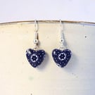 Small Heart Drop Earrings, Dark Blue and White Earrings, Flower and Polka Dot