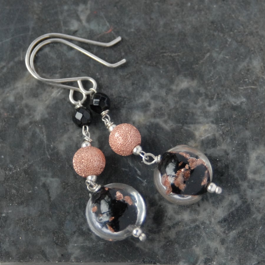 Black and copper murano sterling silver drop earrings