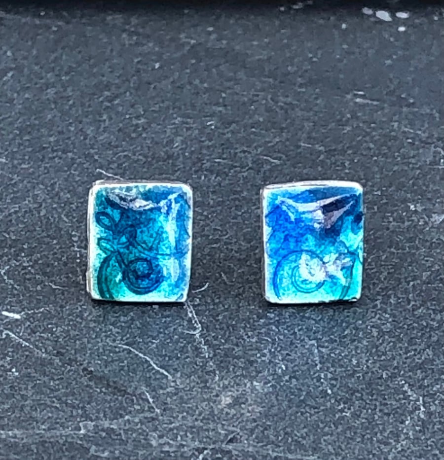 Enamel Studs, blue enamel studs, rectangle blue studs, sea studs, ocean studs, 