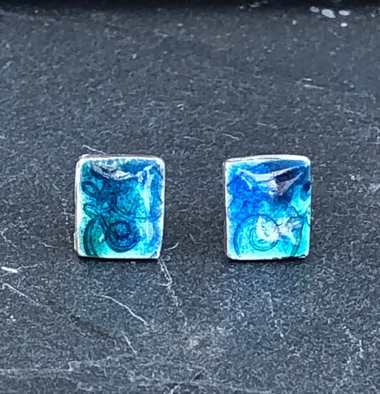 Enamel Studs, blue enamel studs, rectangle blue studs, sea studs, ocean studs, 