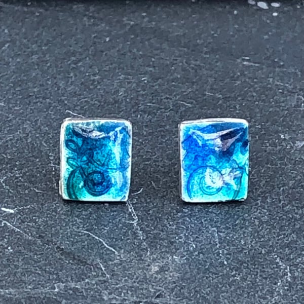 Enamel Studs, blue enamel studs, rectangle blue studs, sea studs, ocean studs, 