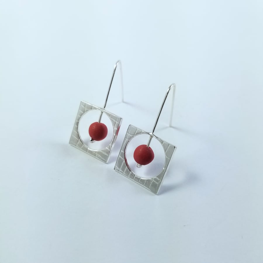 Earrings Square Drop Sterling Silver Hanging Textured, Ceramic Bead Red.