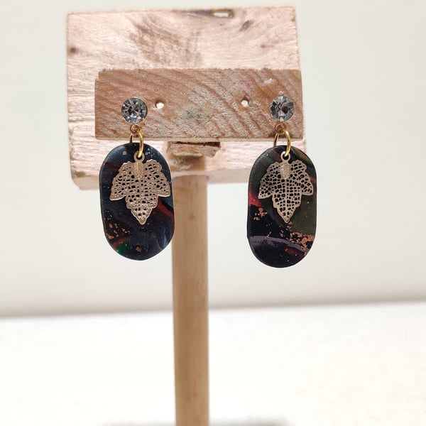 Black and gold copper leaf pill dangle earrings  