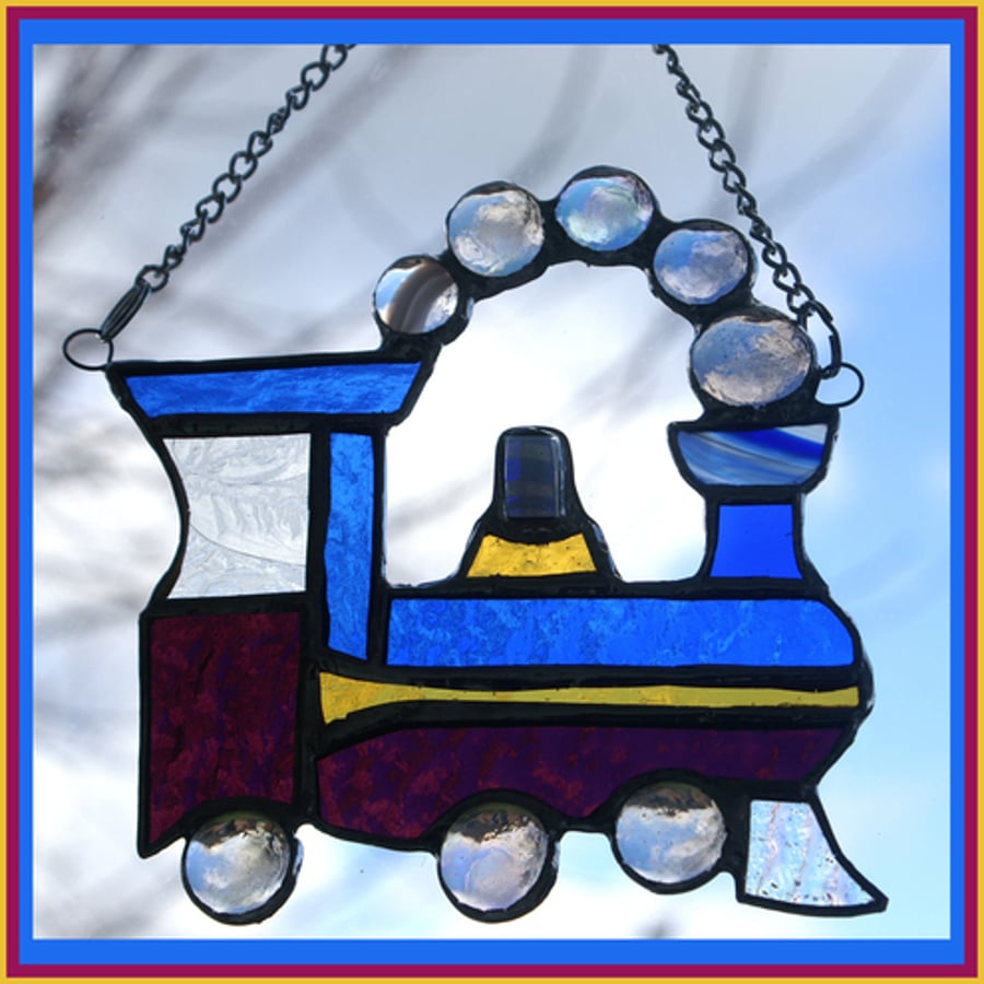 *Reserved for Zelda* Steam Train  (Blue) Stained Glass Suncatcher