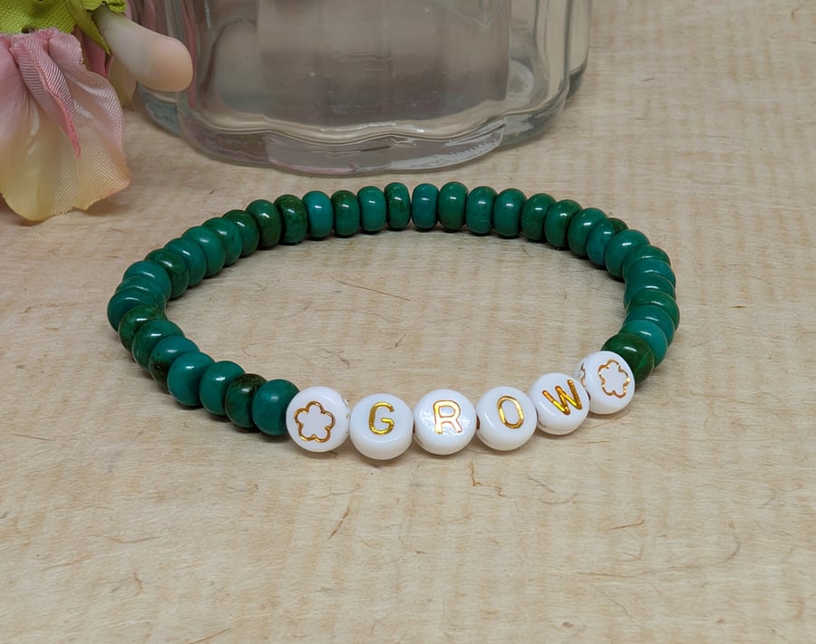 "grow" green howlite stretch  affirmation bracelet 