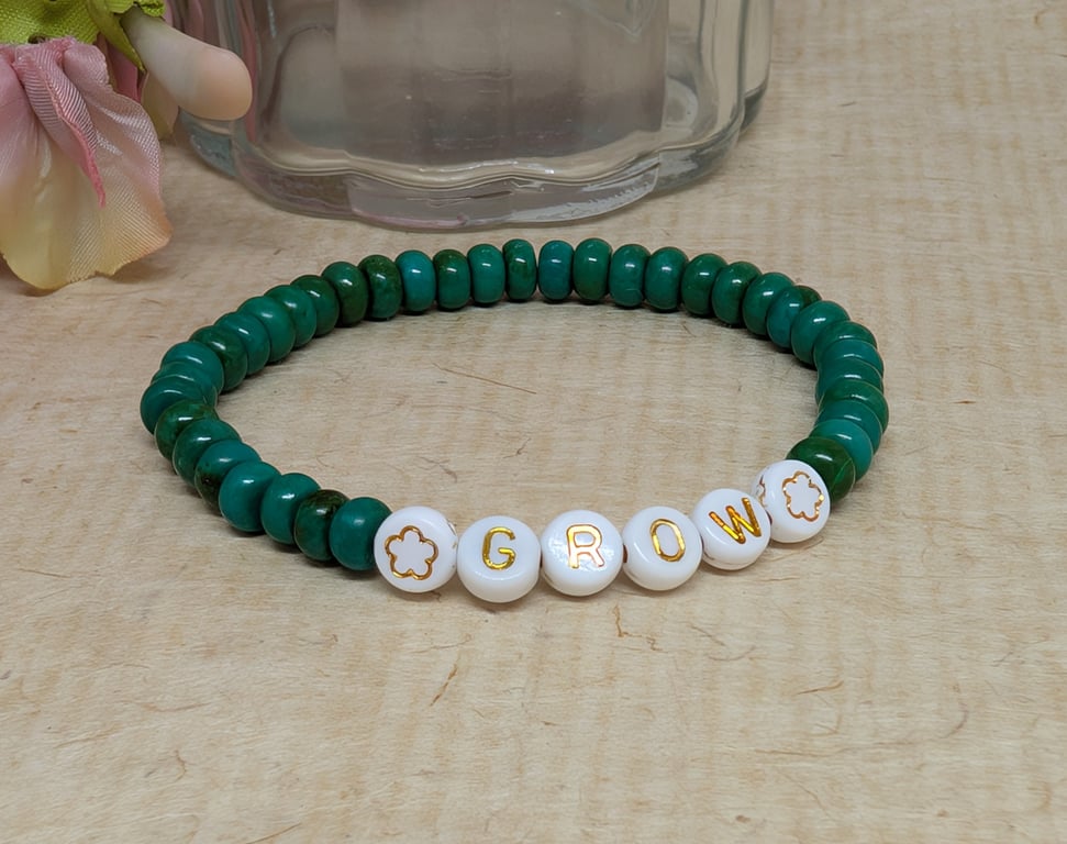 "grow" green howlite stretch  affirmation bracelet 