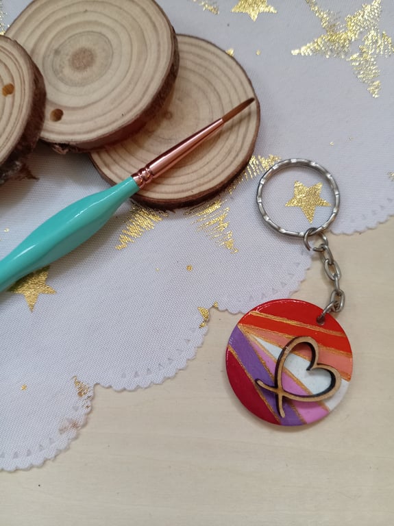 Wooden circular lesbian pride flag Keyring 