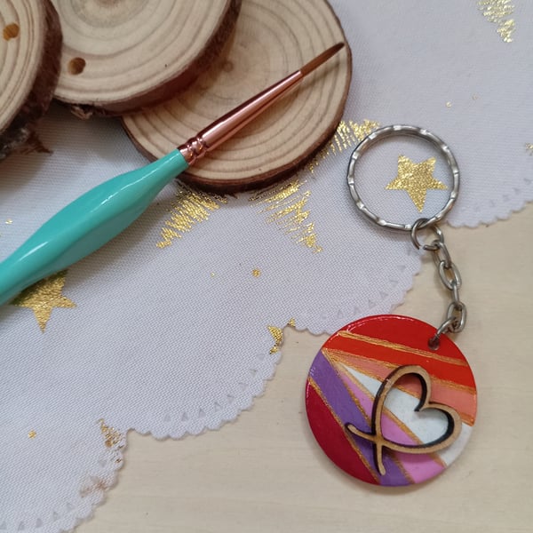 Wooden circular lesbian pride flag Keyring 