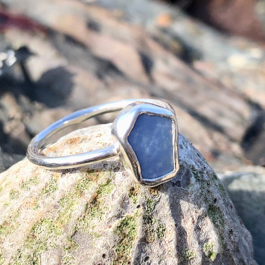 Blue Pottery Sterling Silver Ring - Size M - 1147