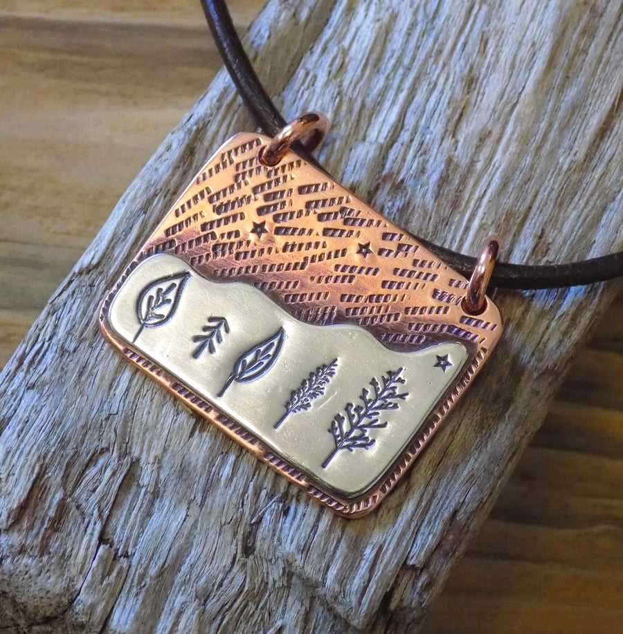 Copper and silver 'tender trees' pendant (large oblong) 
