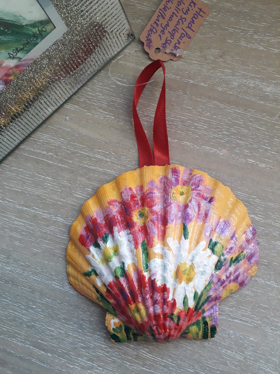 'Bright daisies' handpainted scallop shell wall art.  