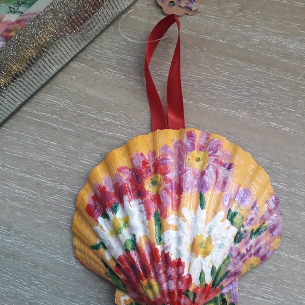 'Bright daisies' handpainted scallop shell wall art.  