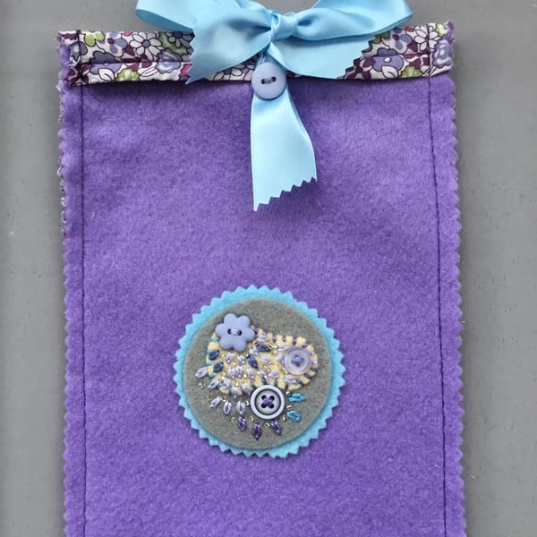 Hand Embroidered Lilac Button Felt Bag