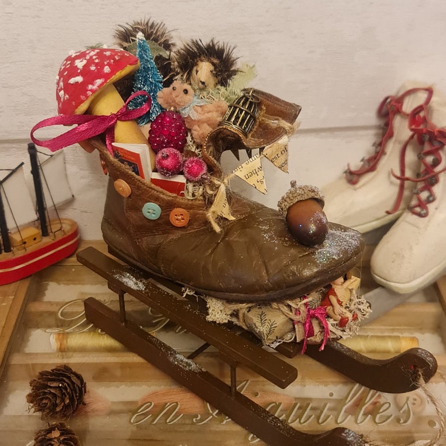 Heirloom Edwardian boot with little hedgehogs mixed media textile art