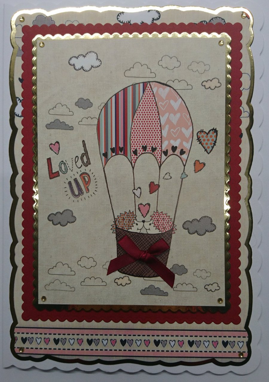 Valentine's Day Loved Up Hedgehogs in a Hot Air Balloon 3D Luxury Handmade Card 