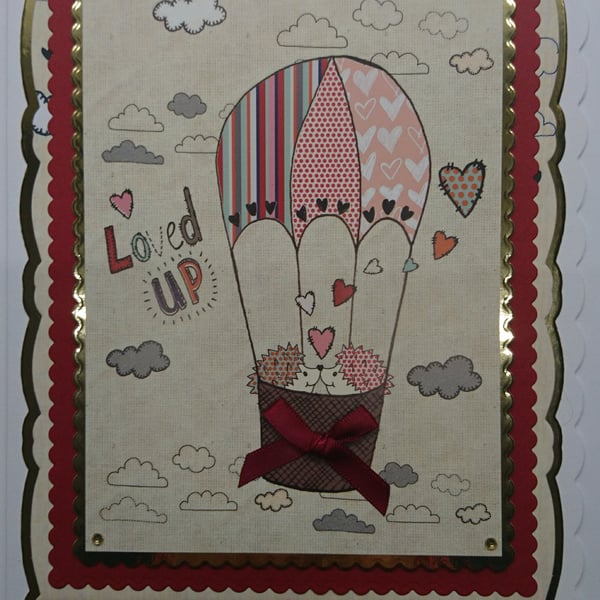 Valentine's Day Loved Up Hedgehogs in a Hot Air Balloon 3D Luxury Handmade Card 