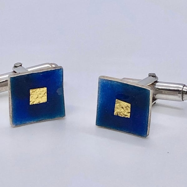 Blue Enamel Cufflinks, square cufflinks, enamel cufflinks, minimalist cufflinks,