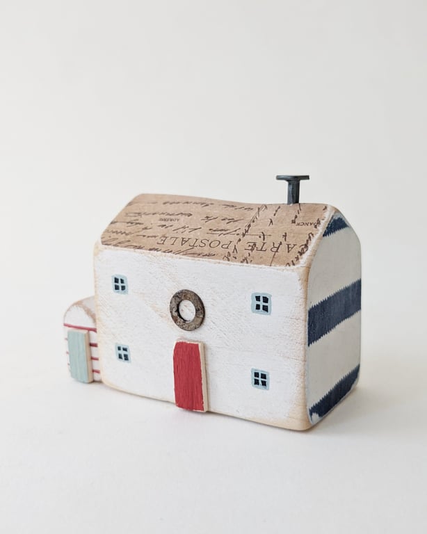 Handmade Painted Wooden Seaside Cottage with Teeny Stripy Shed