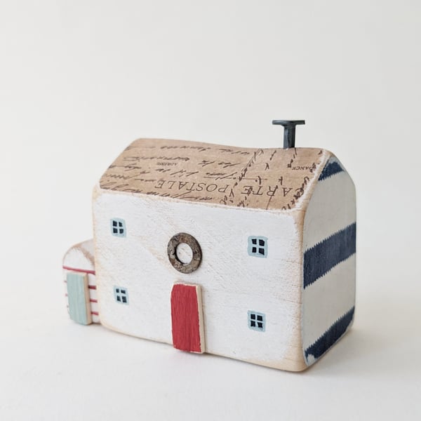 Handmade Painted Wooden Seaside Cottage with Teeny Stripy Shed