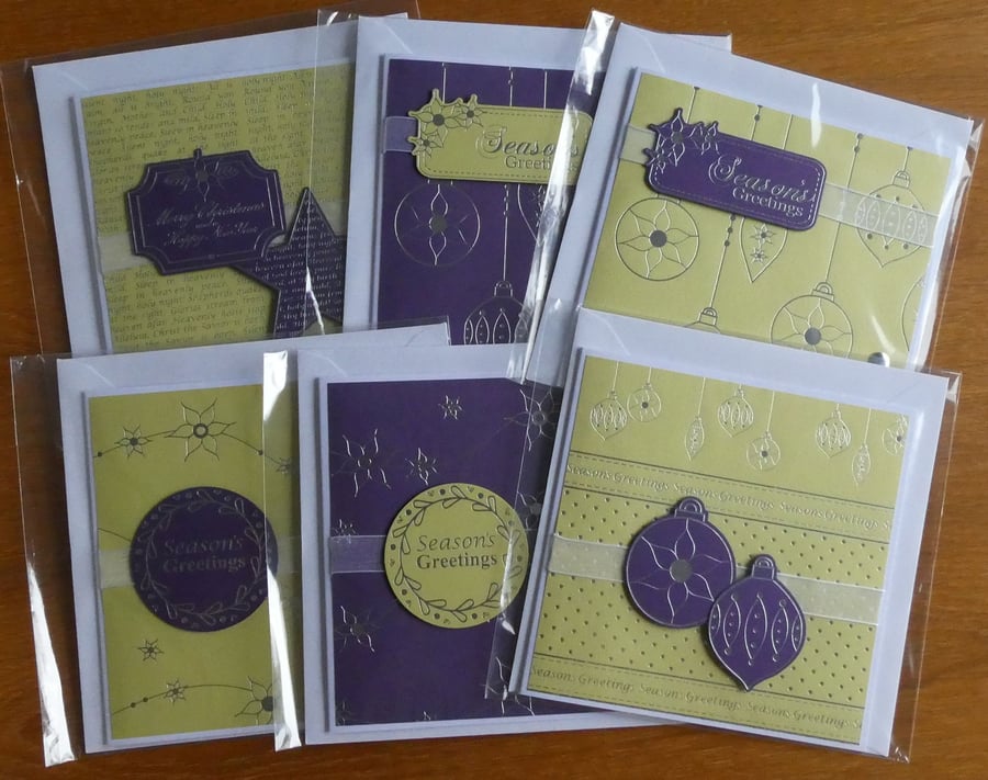 Perfectly Imperfect Pack of 6 Christmas Cards - Purple and Lime