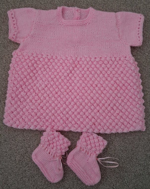 Pretty Short Sleeve Pink Dress And Bootees 3 To 6 Months (J184)