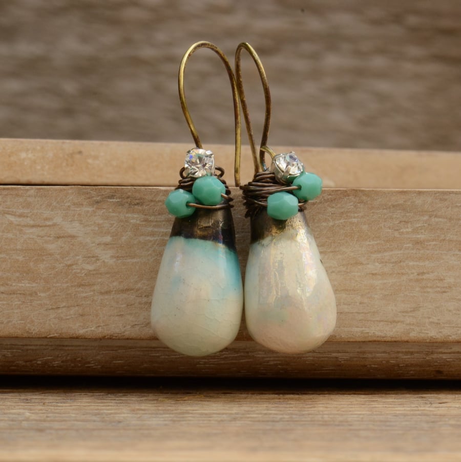 Mother of Pearl Mint Lustre Ceramic Drop Brass Earrings with Diamante & Beads