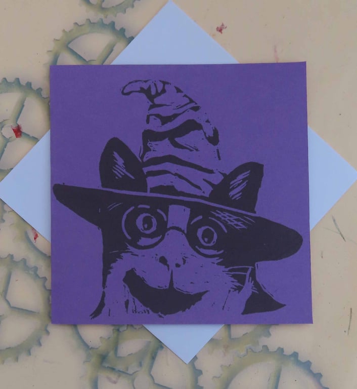 Harry Potter Cat Art Greeting Card From Original Lino Cut Print Purple