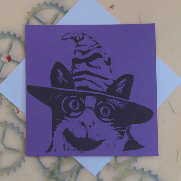 Harry Potter Cat Art Greeting Card From Original Lino Cut Print Purple