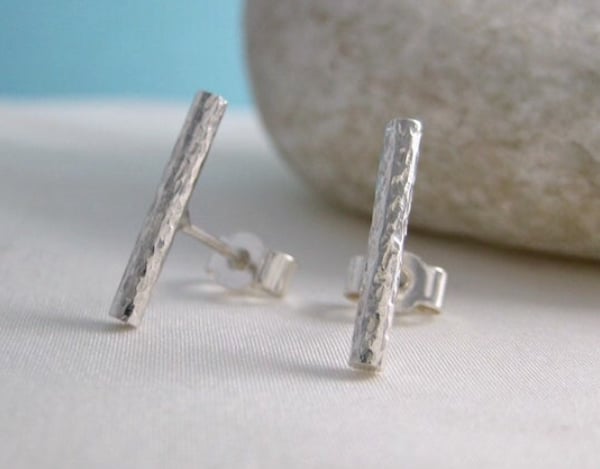 Sterling Silver Hammered Sparkly Bar-Stick Ear Stud Earrings 15mm Handmade UK